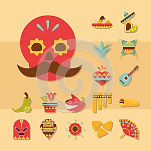 Mexican icons set decoration celebration festive skull traditonal flat design