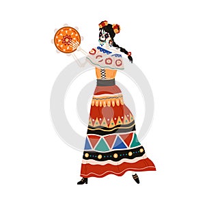 Mexican Katrina playing tambourine for Day of Dead, Dia de los Muertos. Mexico Catrina, woman skeleton with flowers in
