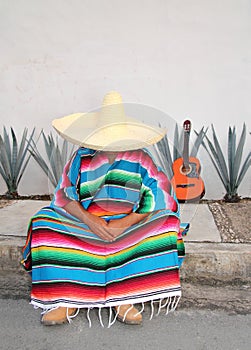 Mexican lazy man sit serape agave guitar