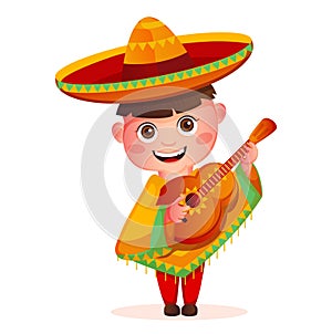 Mexican little cute boy with colorful poncho and sombrero. Little boy playing on gitar.