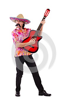 Mexican male brandishing guitar