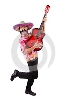 Mexican male brandishing guitar isolated