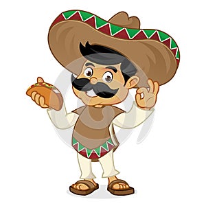 Mexican man cartoon holding taco