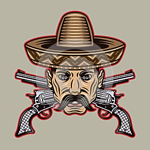 Mexican man head with mustache in sombrero hat and crossed guns vector illustration in colorful cartoon style isolated