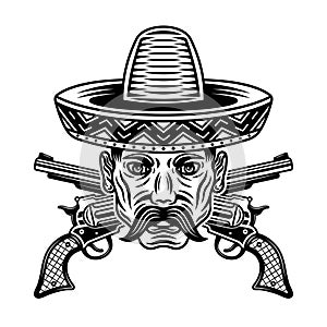 Mexican man head with mustache in sombrero hat and crossed guns vector illustration in monochrome style isolated on photo