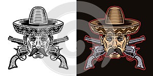 Mexican man head with mustache in sombrero hat and crossed guns vector illustration in two styles black on white and photo