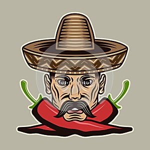 Mexican man head with mustache in sombrero hat and two crossed chili peppers vector illustration in colorful cartoon