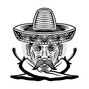 Mexican man head with mustache in sombrero hat and two crossed chili peppers vector illustration in monochrome style photo