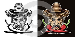 Mexican man head with mustache in sombrero hat and two crossed chili peppers vector illustration in two styles black on photo