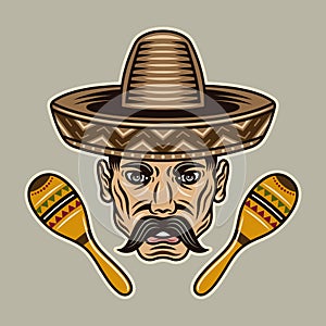 Mexican man head with mustache in sombrero hat and two maracas vector illustration in colorful cartoon style isolated on photo