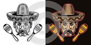 Mexican man head with mustache in sombrero hat and two maracas vector illustration in two styles black on white and photo