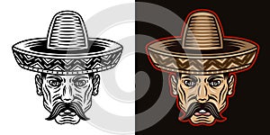 Mexican man head with mustache and in sombrero hat in two styles black on white and colored on dark background vector photo