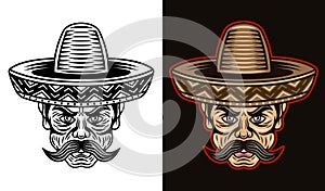 Mexican man head with mustache and in sombrero hat in two styles black on white and colored on dark background vector photo