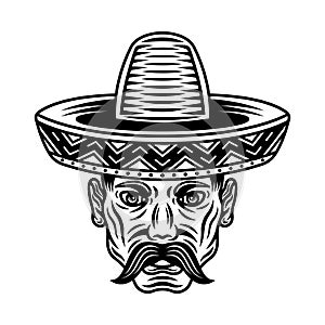 Mexican man head with mustache and in sombrero hat vector illustration in vintage black and white style isolated photo