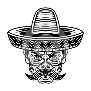 Mexican man head with mustache and in sombrero hat vector illustration in vintage black and white style isolated photo