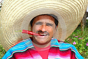 Mexican man poncho sombrero eating red hot chili photo