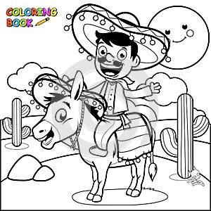 Mexican man riding a donkey in the desert. Vector black and white coloring page.