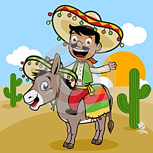 Mexican man riding a donkey in the desert. Vector illustration