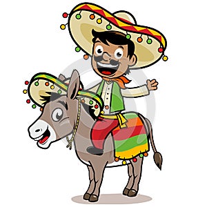 Mexican man riding a donkey. Vector illustration