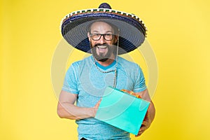 Mexican man in sombrero hat. party time. Male fashion. brutal caucasian hipster with moustache. Mature hipster with