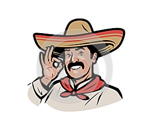 Mexican man in sombrero logo. Cartoon vector illustration