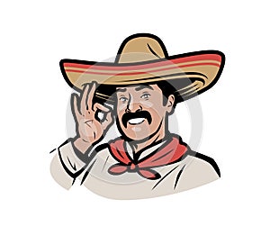 Mexican man in sombrero logo. Cartoon vector illustration photo