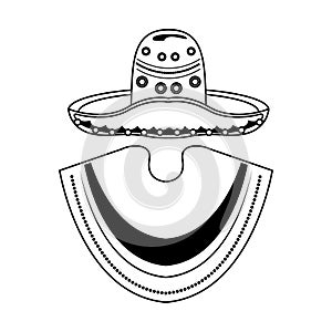 Mexican mariachi hat and poncho cartoon in black and white