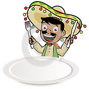 Mexican mariachi man looking over an empty plate, waiting for food. Vector illustration