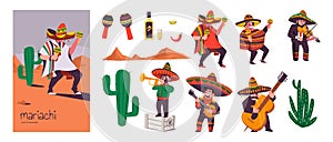 Mexican mariachi musicians with folk instruments. Composition and set of vector elements isolated on a white background.