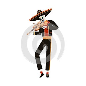 Mexican Mariachi skeleton playing violin. Mexico musician character in sombrero hat with fiddle for Day of Dead, El Dia