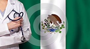 Mexican medicine and healthcare concept. Doctor close up against flag of Maxico background