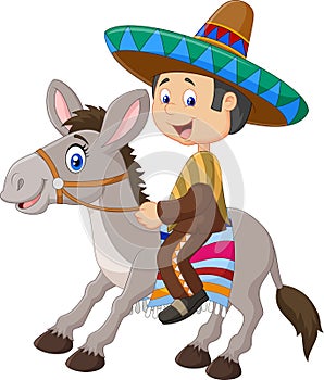 Mexican men riding a donkey isolated on white background