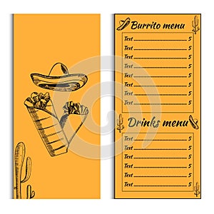 Mexican menu placemat food restaurant, burrito Menu Template. Vintage creative dinner brochure with hand-drawn graphic. Vector