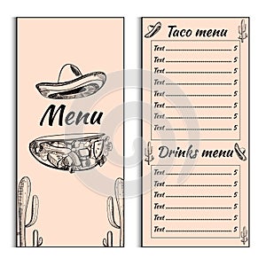 Mexican menu placemat food restaurant, Taco Menu Template. Vintage creative dinner brochure with hand-drawn graphic. Vector food