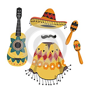 Mexican musical instruments, national poncho and hat.