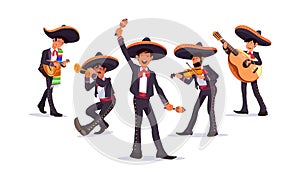 Mexican musicians mariachi vector set, with guitar and maracas, trumpet and violin.