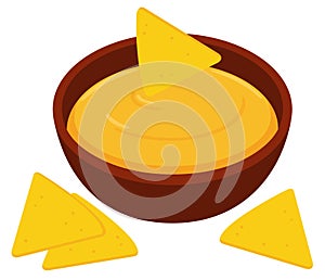 Mexican nacho chips with cheese dipping sauce illustration