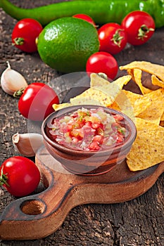 Mexican nacho chips and salsa dip