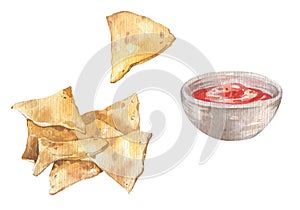 Mexican nacho chips and salsa sauce photo