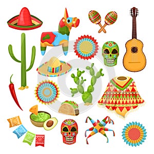 Mexican national symbols. Vector design elements for Cinco de Mayo holiday. Fiesta, celebration, party icons