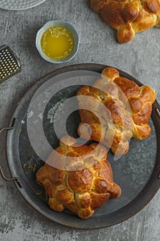 Mexican pan de muertos for day of the dead. Top view