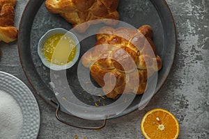 Mexican pan de muertos for day of the dead. Top view