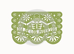 Mexican papel picado with perforated pattern of skeleton and flowers. Traditional folk pecked paper flag for Mexico photo