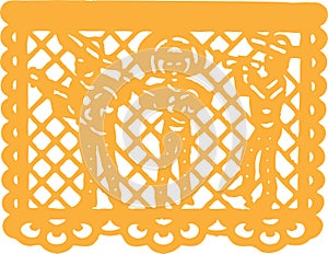 A Mexican papel picado or pecked paper, with skulls mariachi band. photo