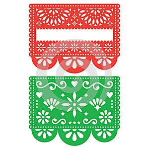 Mexican Papel Picado vector template design set, cutout paper decorations flowers and geometric shapes, two party banners