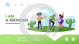 Mexican Party, Cinco De Mayo Festival Landing Page Template. Mariachi with Guitar and Dancers in Traditional Clothes