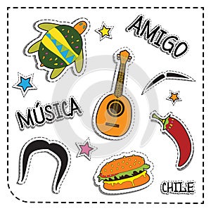 Mexican party sticker applique. Mexico style. Vector illustration set. musica means music. amigo means friend, chile photo