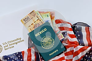 Mexican passport, peso, legalization in United States citizenship is a naturalization immigration process photo