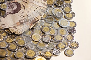 Mexican pesos banknotes and coins