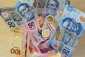 Mexican pesos coins and bills